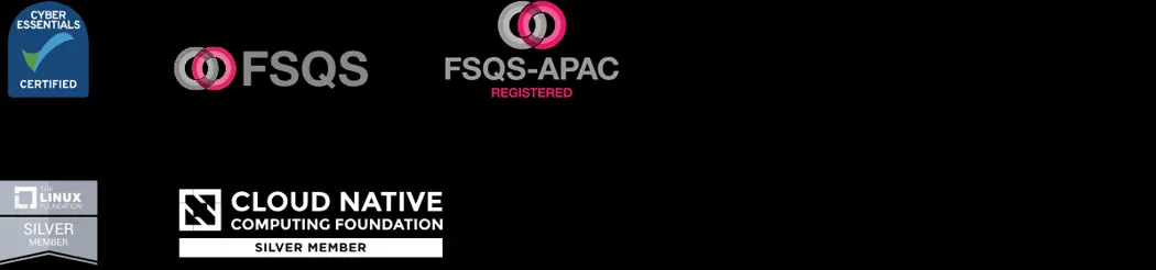 Cyber Essentials certification, FSQS and FSQS APAC registration, Linux Foundation Silver membership and CNCF Silver membership marks supplied by Midships