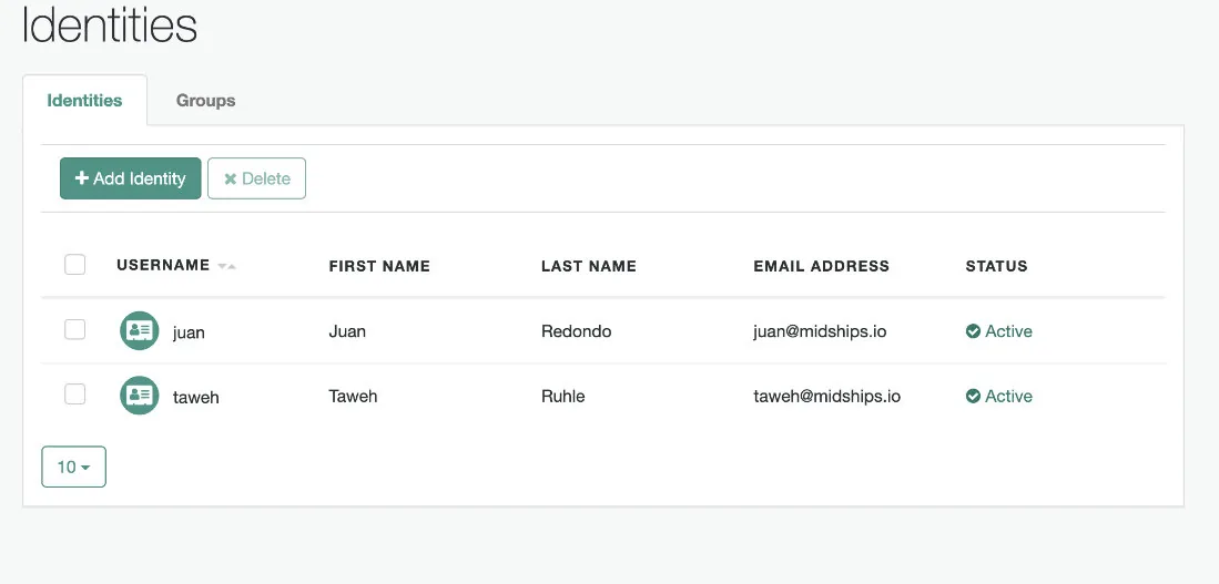 User identities table: Username, First Name, Last Name, Email Address, Status