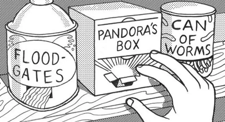 Hand opening Pandora's Box, Flood-gates, Can of Worms