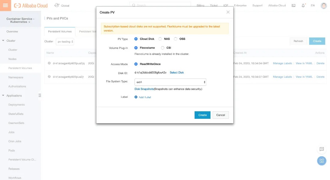 Create PV dialog box with options for Cloud, On-Prem, and USB