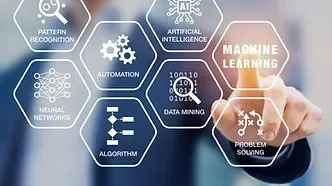 Person interacts with machine learning interface showing AI, automation, data mining, and problem-solving