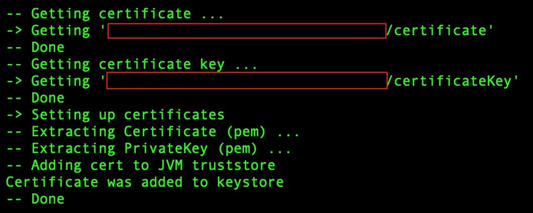 Console shows certificate installation: certificate and key added to keystore