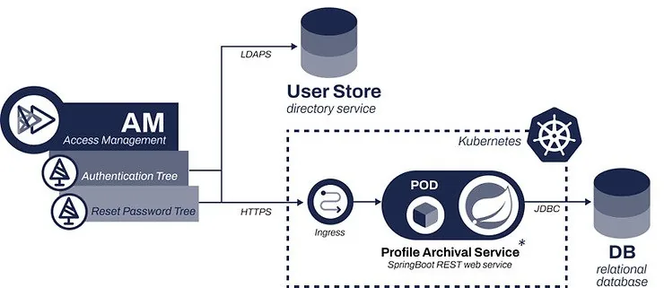 Access Management system architecture diagram: AM, User Store, Profile Archival Service, DB